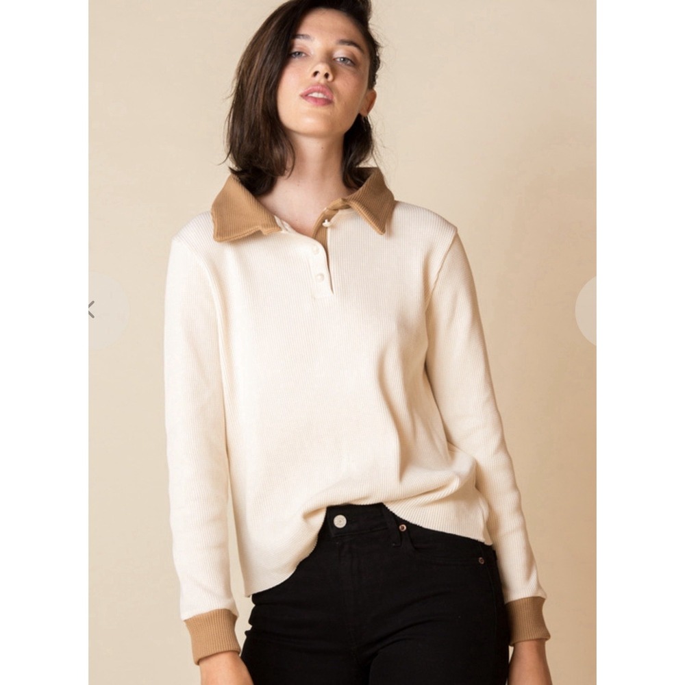 DONNI. Thermal Duo Waffle Knit‎ Pullover XS Pearl Button Crème Carmel Polo USA